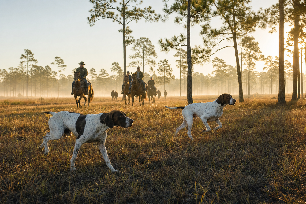 Field trial handler and bird dog working a course in rural Alabama
