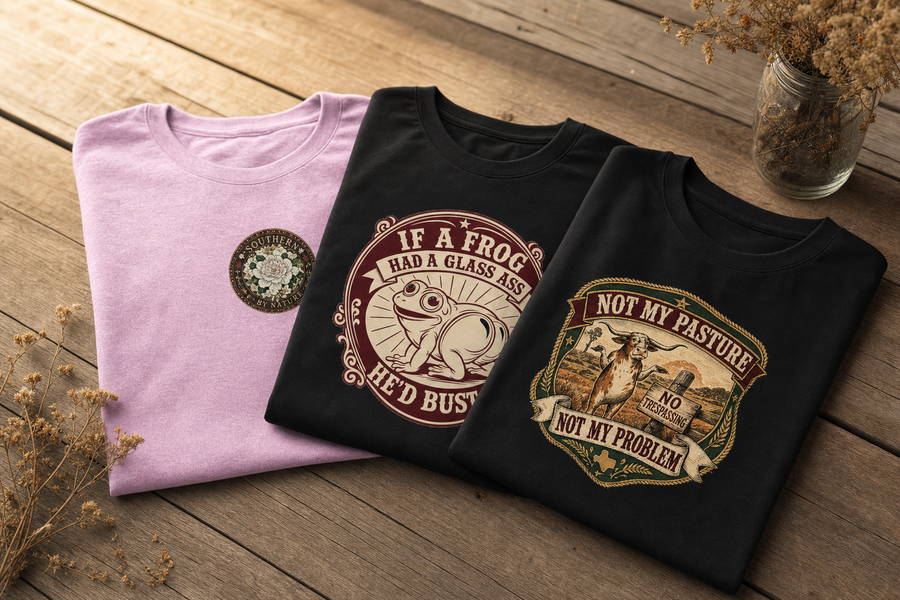 The Porch Pack — three folded Bless Yer Heart Co. t-shirts on a rustic wood porch