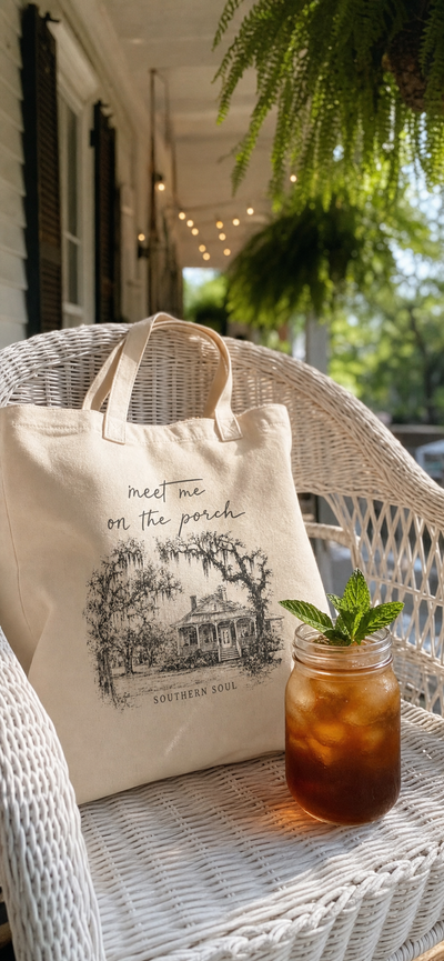 Southern Soul tote bag on a porch with sweet tea