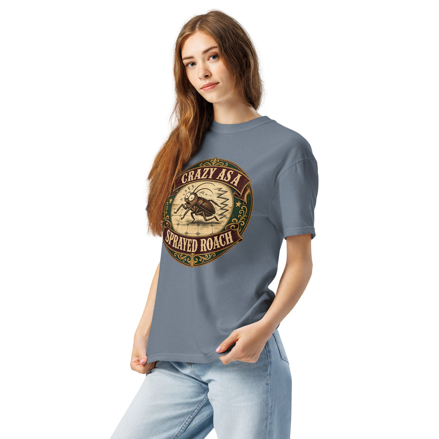 Crazy As a Sprayed Roach Tee - funny Southern sayings t-shirt in Blue Jean, left-front angle