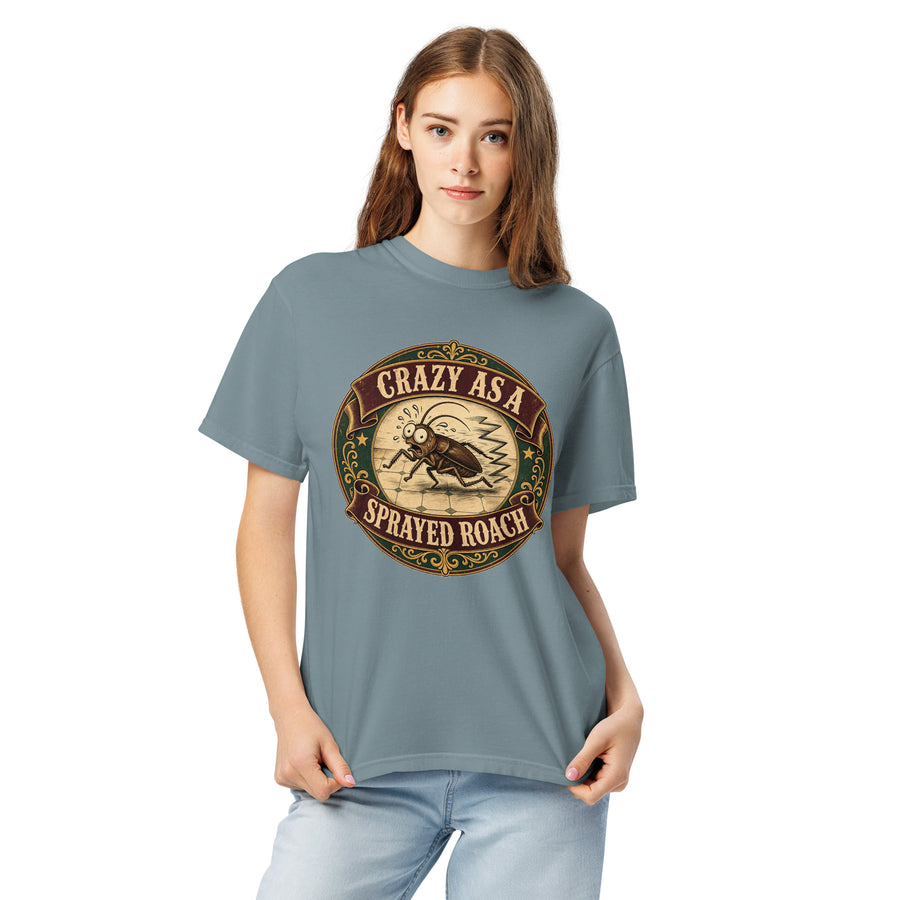 Crazy As a Sprayed Roach Tee - funny Southern sayings t-shirt in Ice Blue, front view, alternate angle