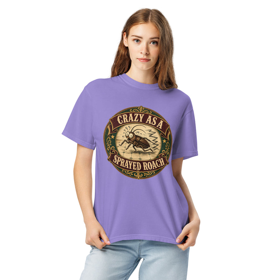 Crazy As a Sprayed Roach Tee - funny Southern sayings t-shirt in Violet, front view, alternate angle
