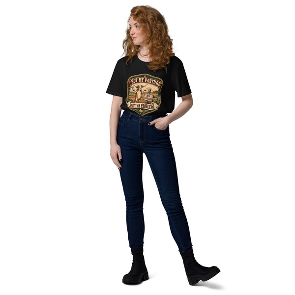 Not My Pasture Not My Problem Tee - funny Southern sayings t-shirt in Black, front view, alternate angle