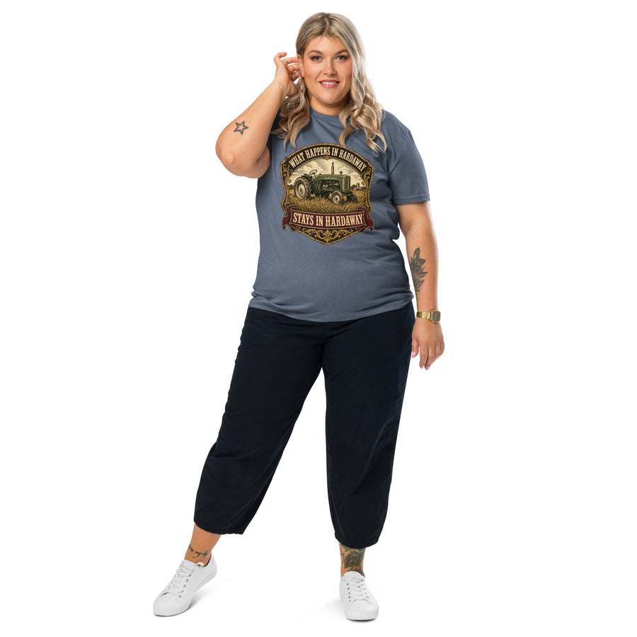 What Happens in Hardaway Stays in Hardaway Tee - Union Springs Alabama Southern hometown t-shirt in Dark Heather Blue, front view