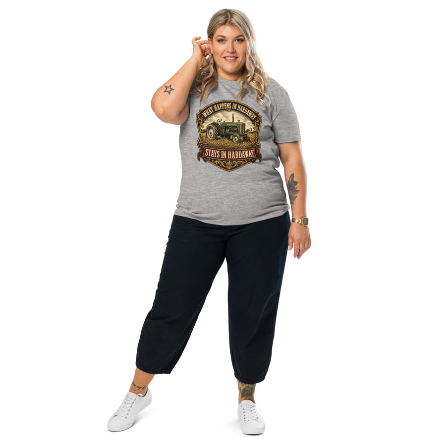What Happens in Hardaway Stays in Hardaway Tee - Union Springs Alabama Southern hometown t-shirt in Heather Grey, front view