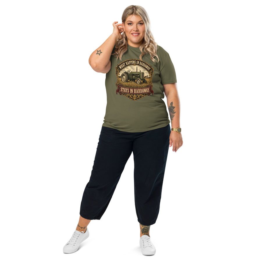 What Happens in Hardaway Stays in Hardaway Tee - Union Springs Alabama Southern hometown t-shirt in Khaki, front view