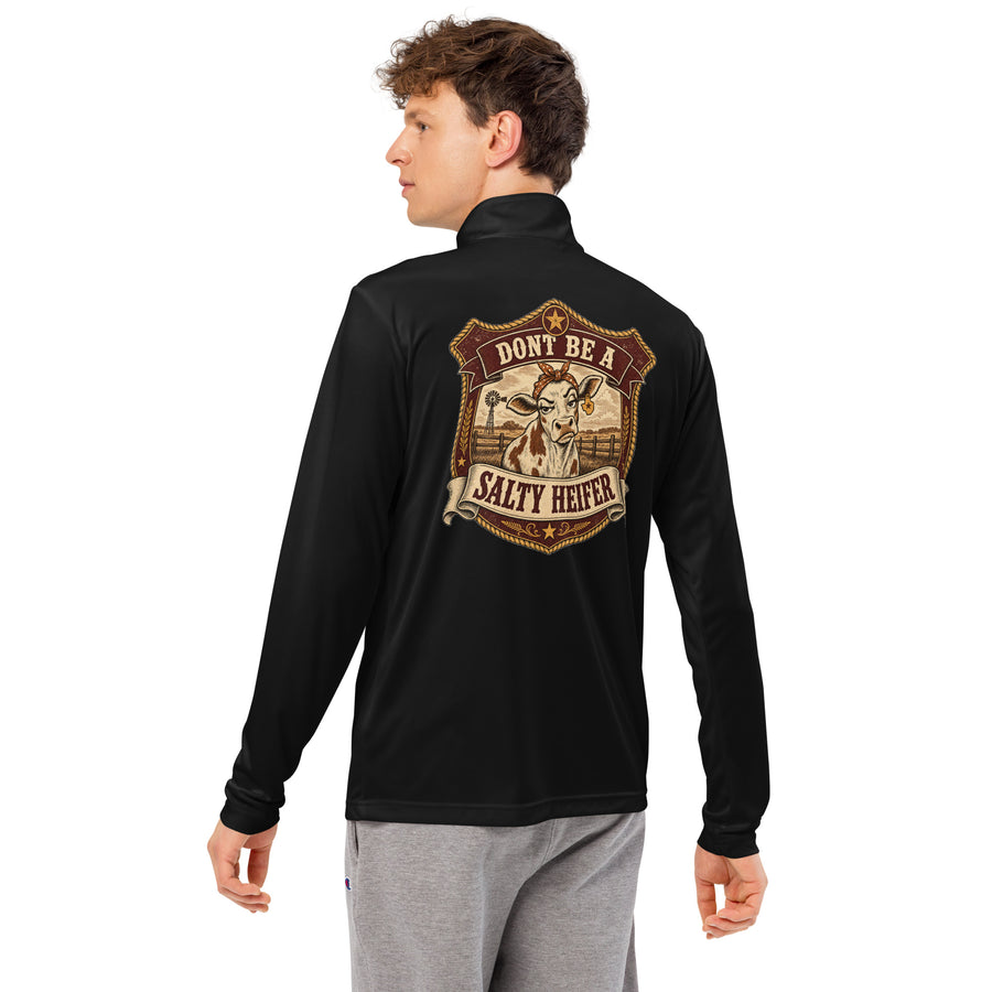 Don't Be a Salty Heifer Pullover - sassy Southern sayings quarter-zip pullover in Black, back view