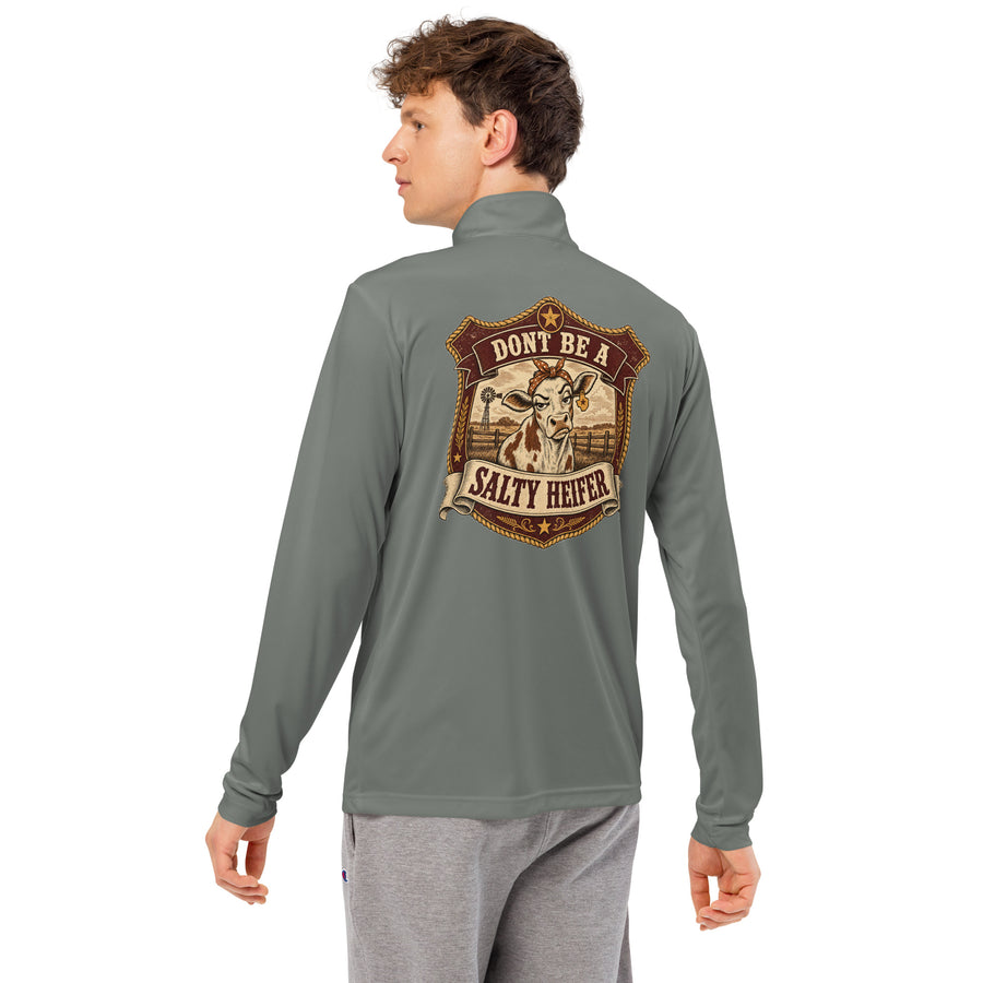 Don't Be a Salty Heifer Pullover - sassy Southern sayings quarter-zip pullover in Grey Concrete, back view