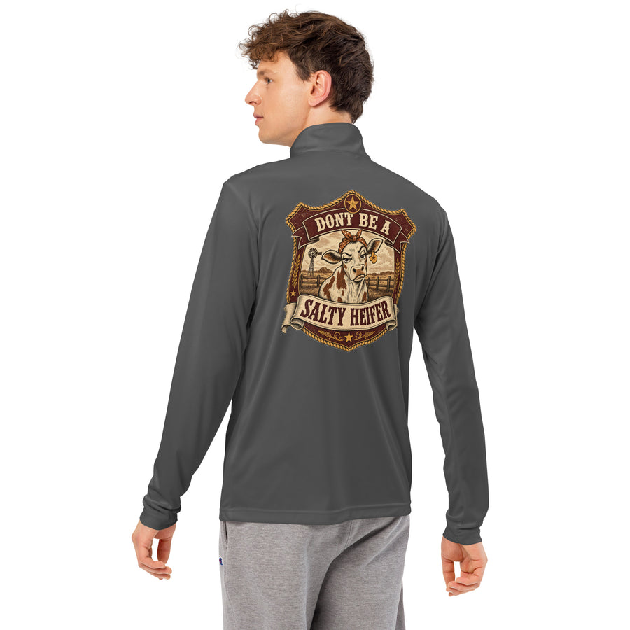 Don't Be a Salty Heifer Pullover - sassy Southern sayings quarter-zip pullover in Iron Grey, back view