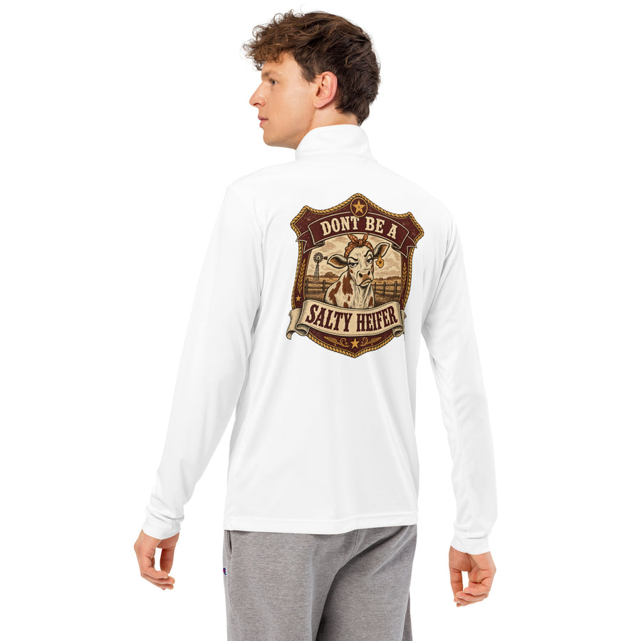 Don't Be a Salty Heifer Pullover - sassy Southern sayings quarter-zip pullover in White, back view
