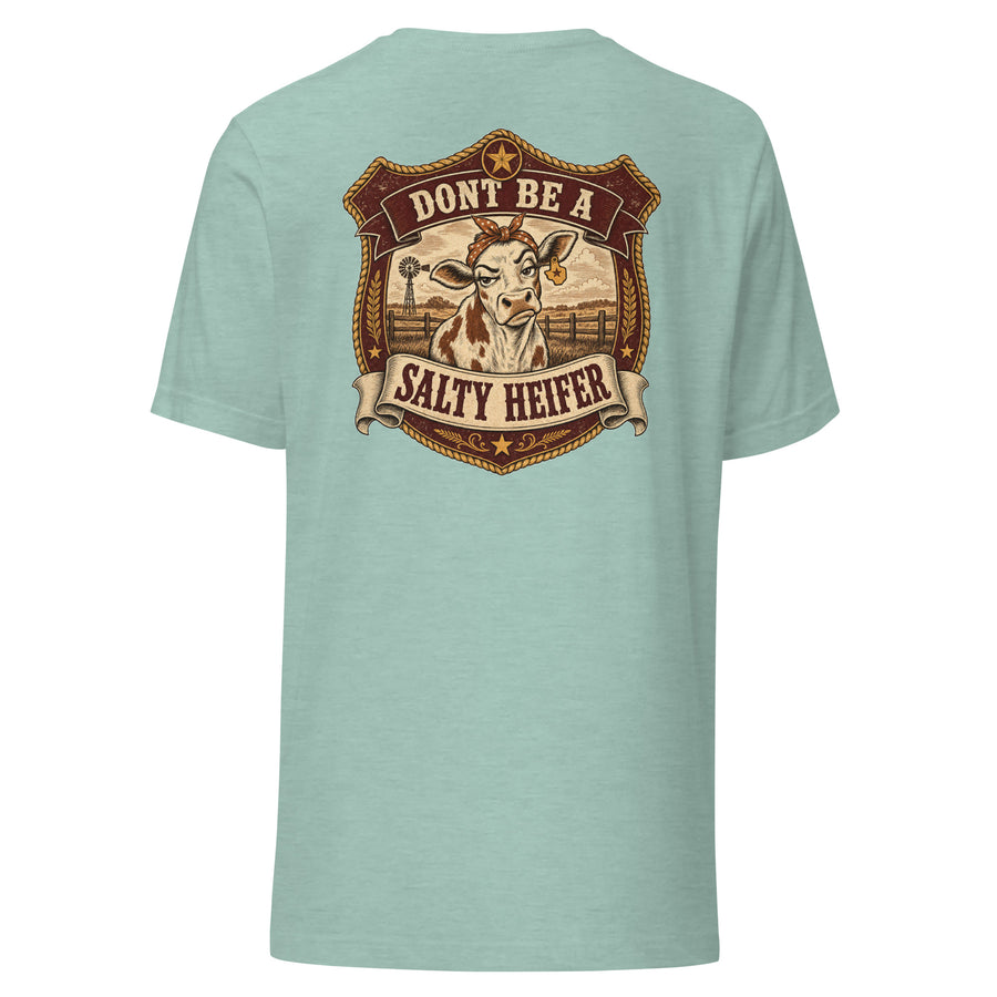 Don't Be a Salty Heifer Tee - sassy Southern sayings t-shirt in Heather Prism Dusty Blue, back view