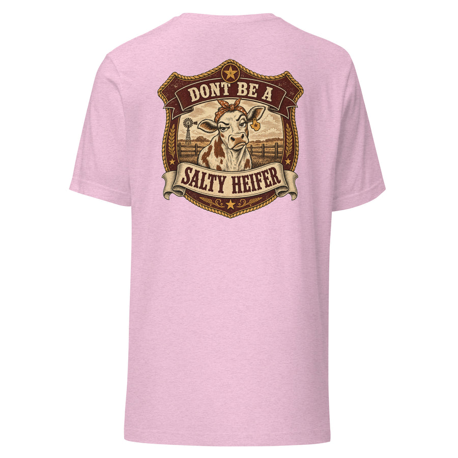 Don't Be a Salty Heifer Tee - sassy Southern sayings t-shirt in Heather Prism Lilac, back view