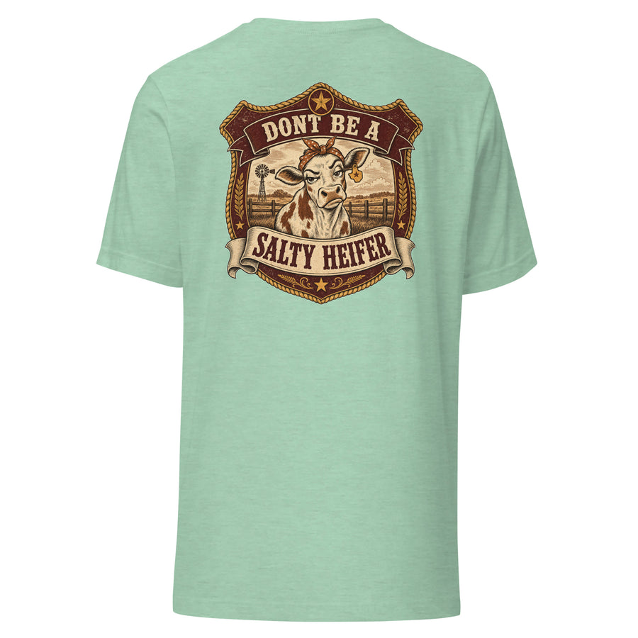Don't Be a Salty Heifer Tee - sassy Southern sayings t-shirt in Heather Prism Mint, back view